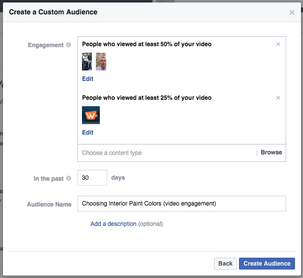 Facebook remarketing audience example for video engagement