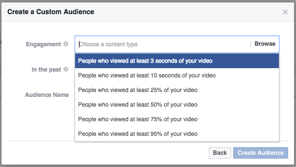 Video engagement options for Facebook remarketing