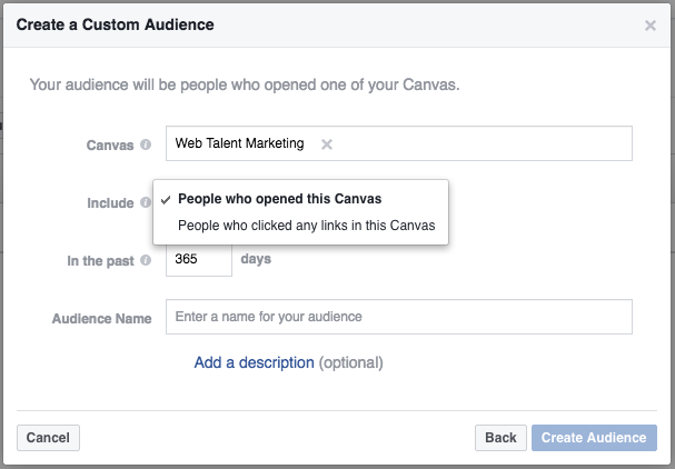 Creating a custom audience from Facebook canvas ads