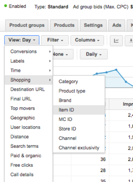Adwords dimensions tab for shopping