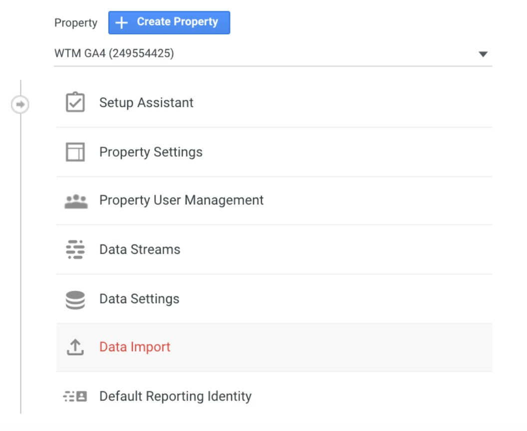 Navigating to the Data Import menu on Google Analytics 4