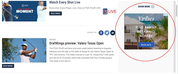 A screenshot of a Google Display ad on the website pgatour.com