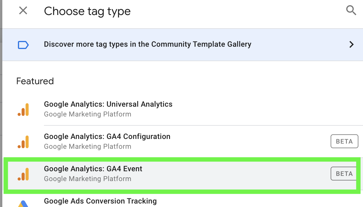 Screenshot of creating a new tag for an add to cart event in GA4