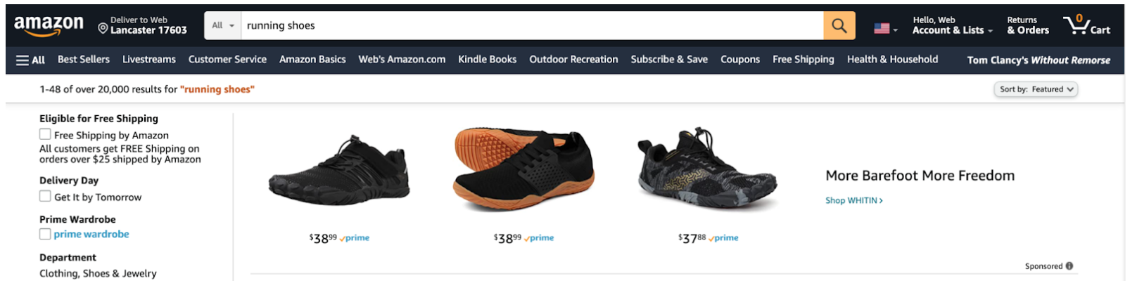 A screenshot of an Amazon Sponsored Brands ad for shoes at the top of the page