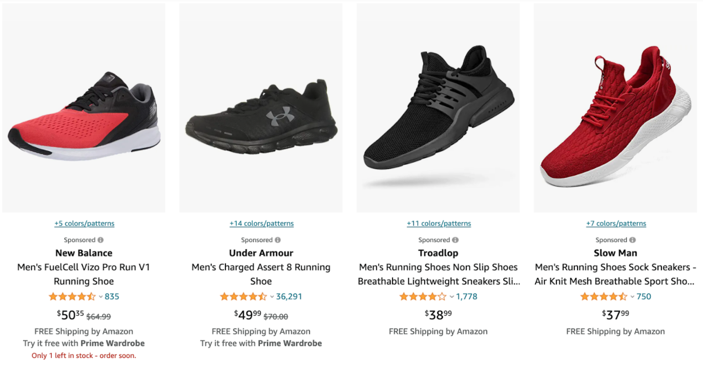 A screenshot of Sponsored Products shoe ads on Amazon