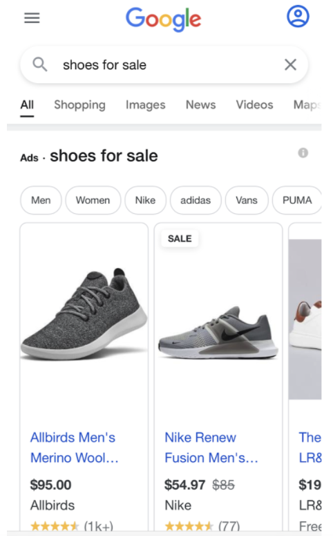 A screenshot showing a Google Shopping Ad for sneakers