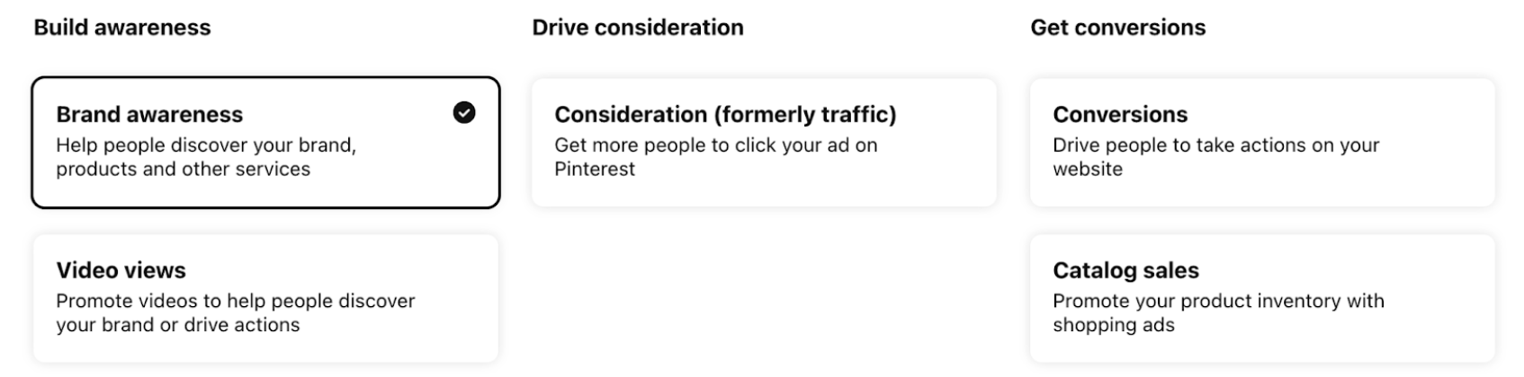 Screenshot showing Pinterest advertising campaign options