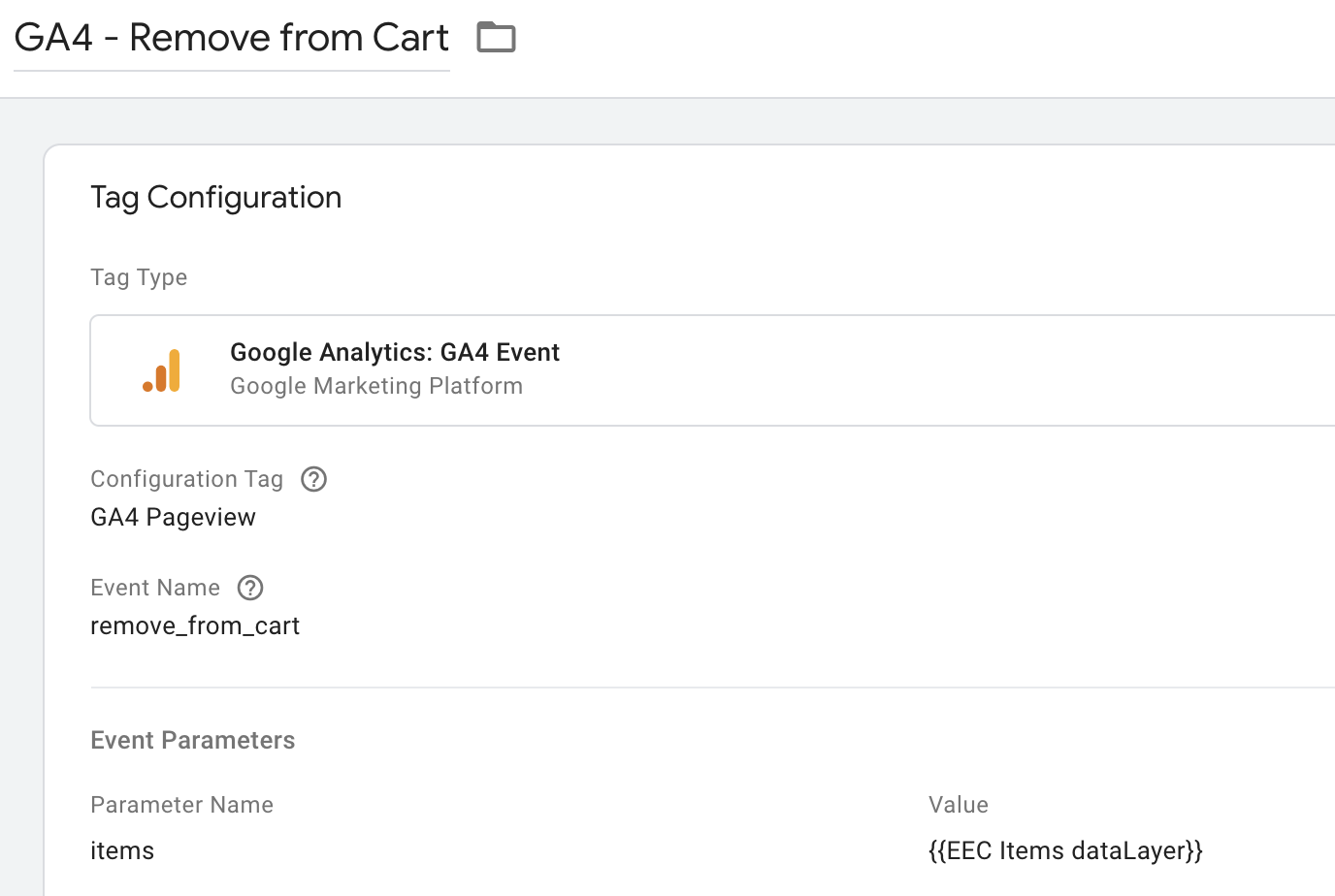 Screenshot of remove from cart tag in Google Tag Manager