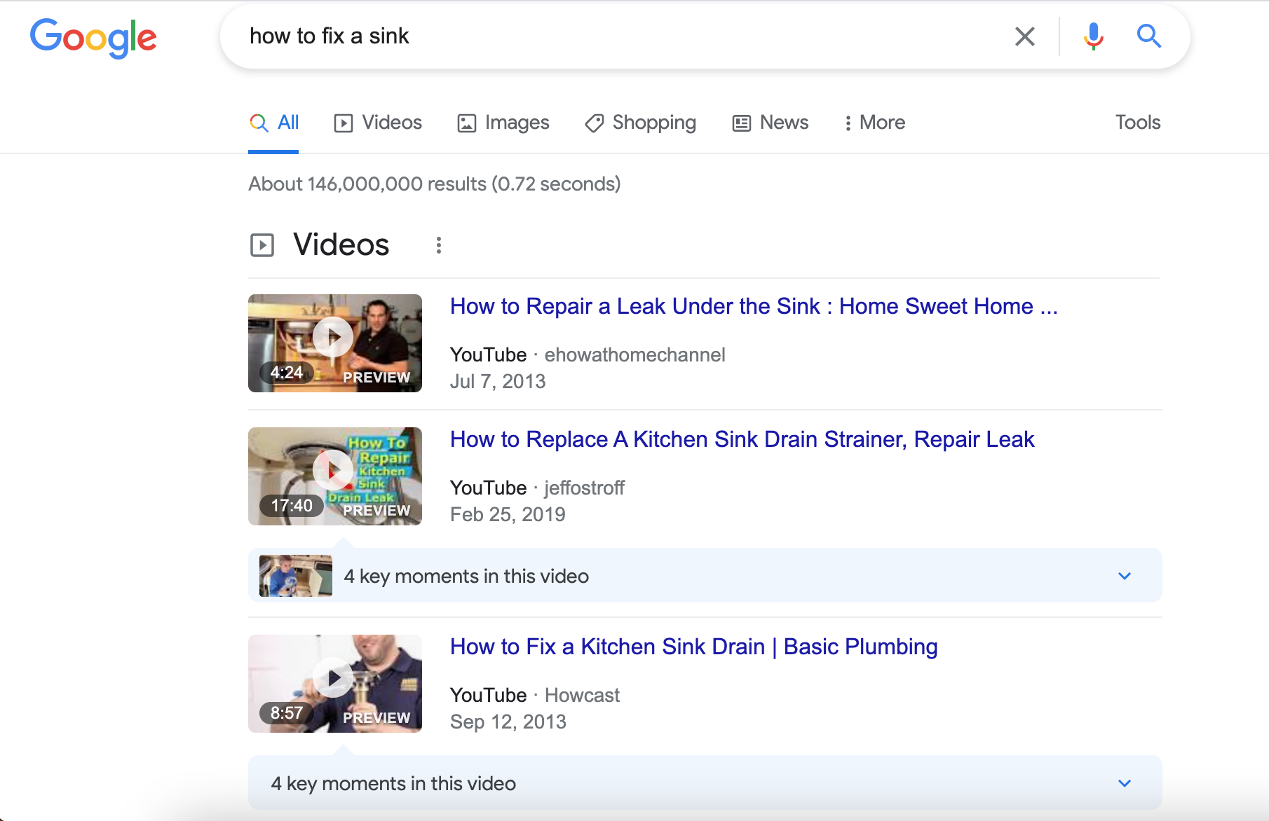 A screenshot of Google search results for how to fix a sink with video clips ranking at the top of the results