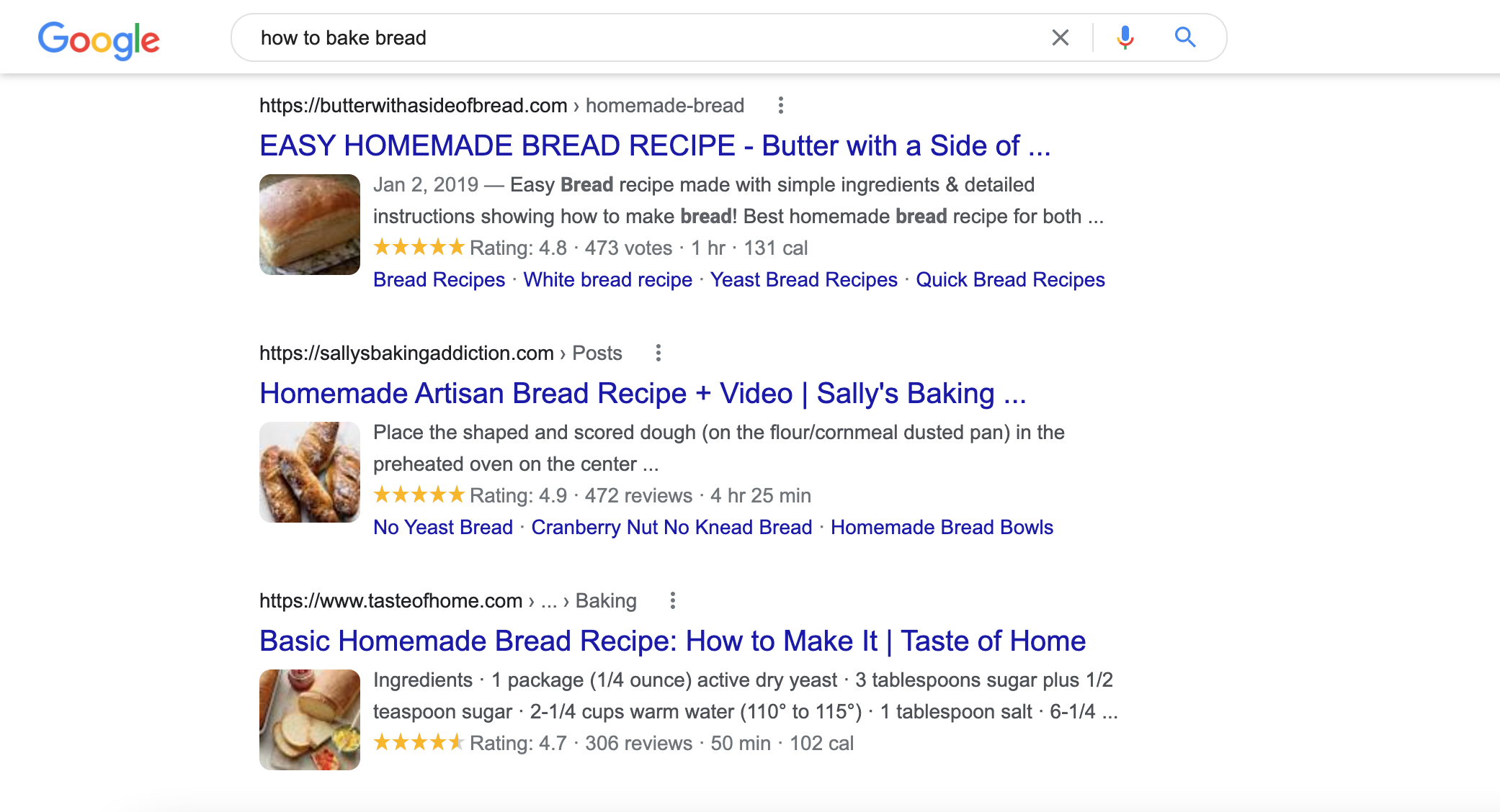 A screenshot of Google search results for how to bake break with with images displayed from recipe schema